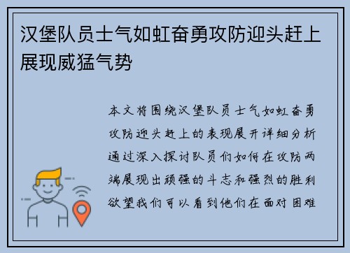 汉堡队员士气如虹奋勇攻防迎头赶上展现威猛气势