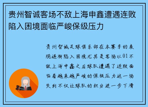 贵州智诚客场不敌上海申鑫遭遇连败陷入困境面临严峻保级压力