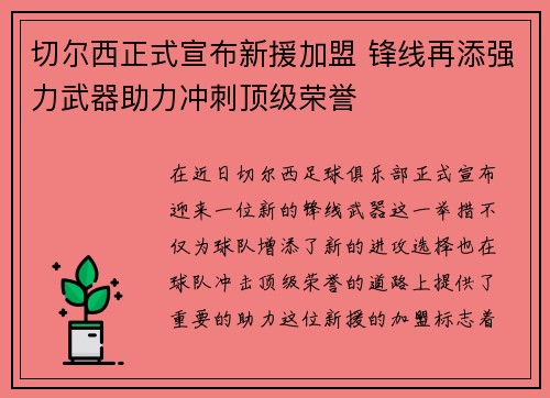 切尔西正式宣布新援加盟 锋线再添强力武器助力冲刺顶级荣誉