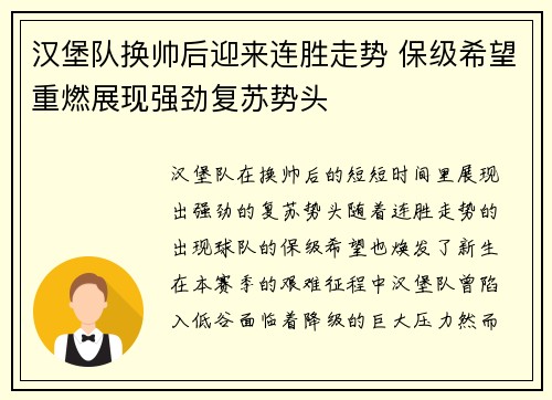 汉堡队换帅后迎来连胜走势 保级希望重燃展现强劲复苏势头