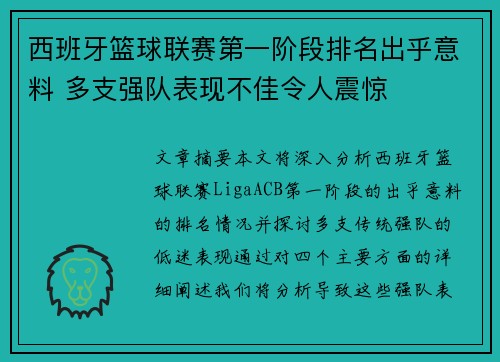 西班牙篮球联赛第一阶段排名出乎意料 多支强队表现不佳令人震惊