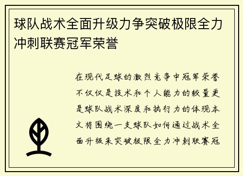 球队战术全面升级力争突破极限全力冲刺联赛冠军荣誉